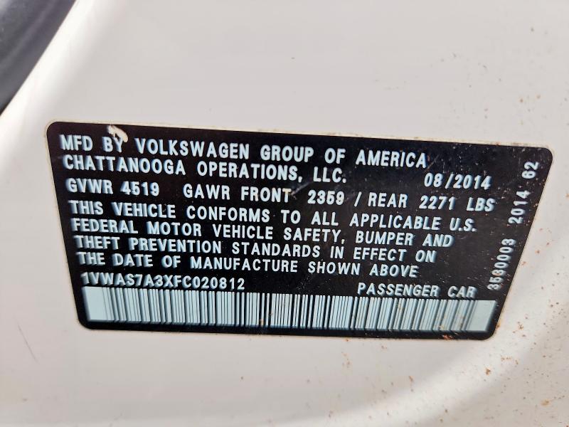 50724506 :رقم المزاد ، 1VWAS7A3XFC020812 vin ، 2015 Volkswagen Passat مزاد بيع