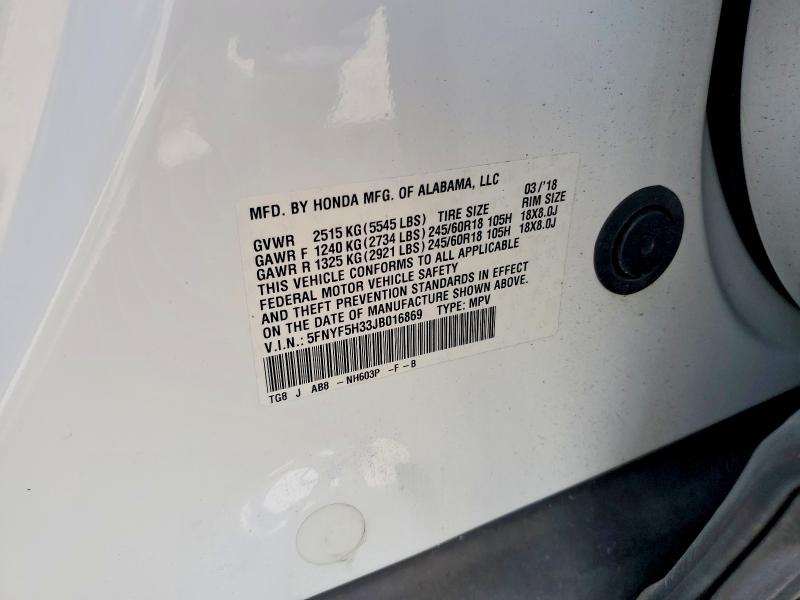 Продажа на аукционе авто 2018 Honda Pilot, vin: 5FNYF5H33JB016869, номер лота: 52623606