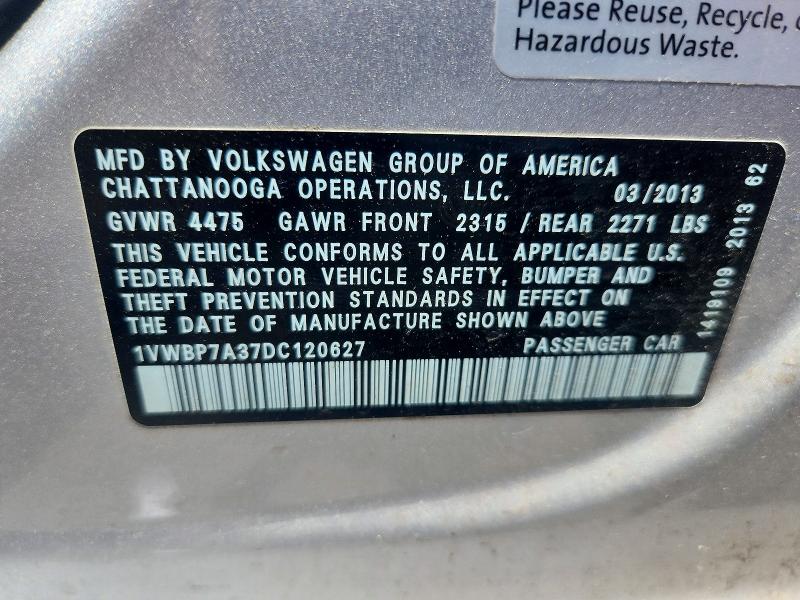 54363586 :رقم المزاد ، 1VWBP7A37DC120627 vin ، 2013 Volkswagen Passat مزاد بيع