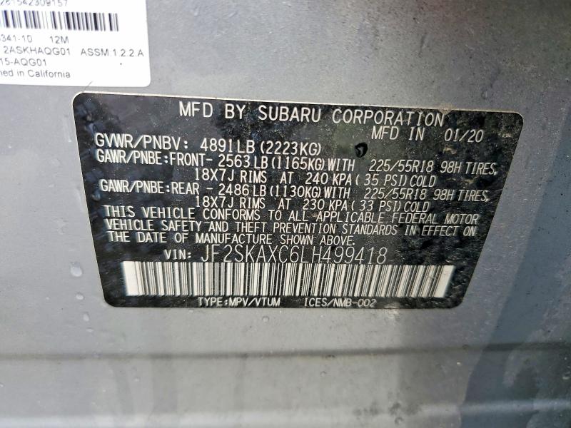 Продаж на аукціоні авто 2020 Subaru Forester, vin: JF2SKAXC6LH499418, номер лоту: 52705976