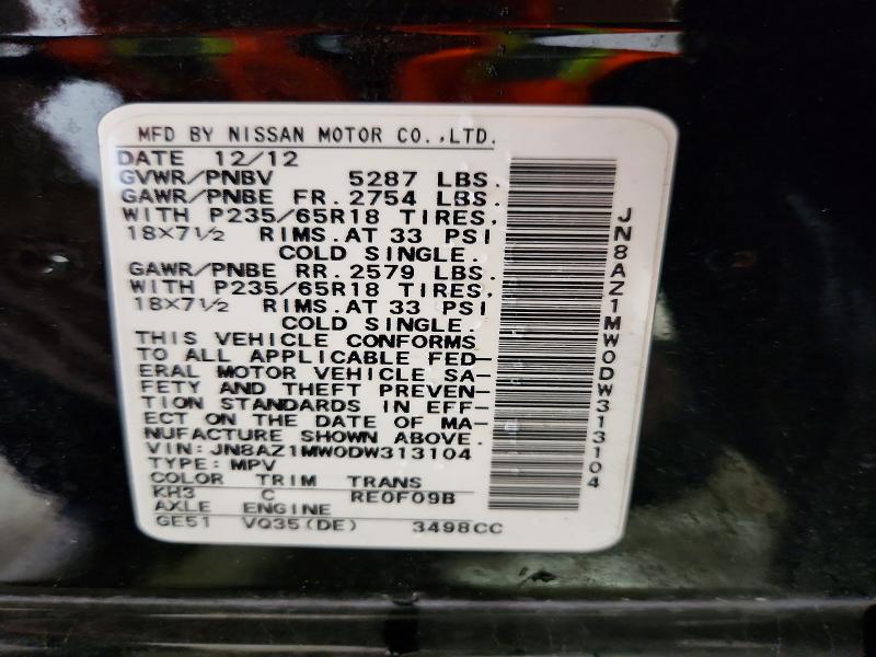 2013 Nissan Murano მანქანა იყიდება აუქციონზე, vin: JN8AZ1MW0DW313104, აუქციონის ნომერი: 54716096