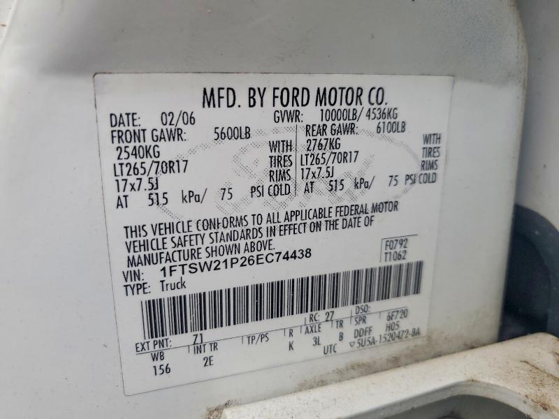 2006 Ford F250 მანქანა იყიდება აუქციონზე, vin: 1FTSW21P26EC74438, აუქციონის ნომერი: 53940516