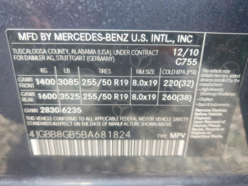 Auction sale of the 2011 Mercedes-benz Ml, vin: 4JGBB8GB5BA681824, lot number: 54112986