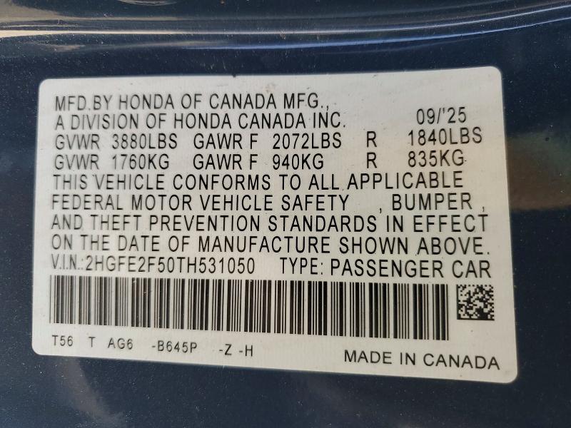 Продаж на аукціоні авто 2026 Honda Civic, vin: 2HGFE2F50TH531050, номер лоту: 53003896
