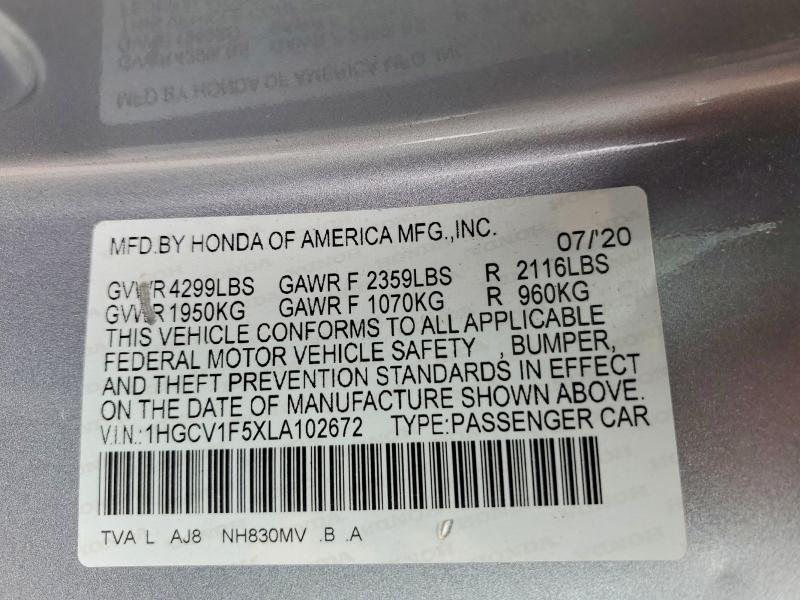 Продажа на аукционе авто 2020 Honda Accord, vin: 1HGCV1F5XLA102672, номер лота: 55274106