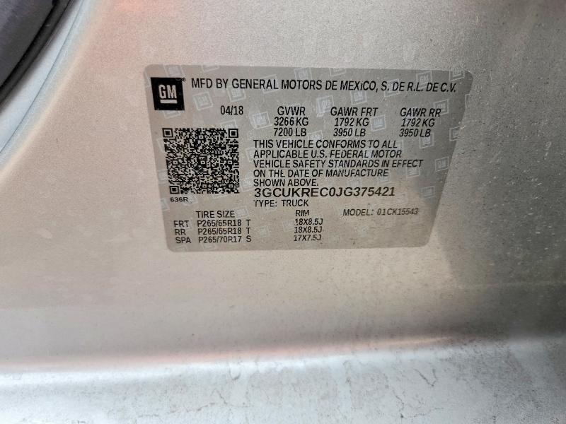 Aukcja sprzedaży 2018 Chevrolet Silverado, vin: 3GCUKREC0JG375421, numer aukcji: 52518116