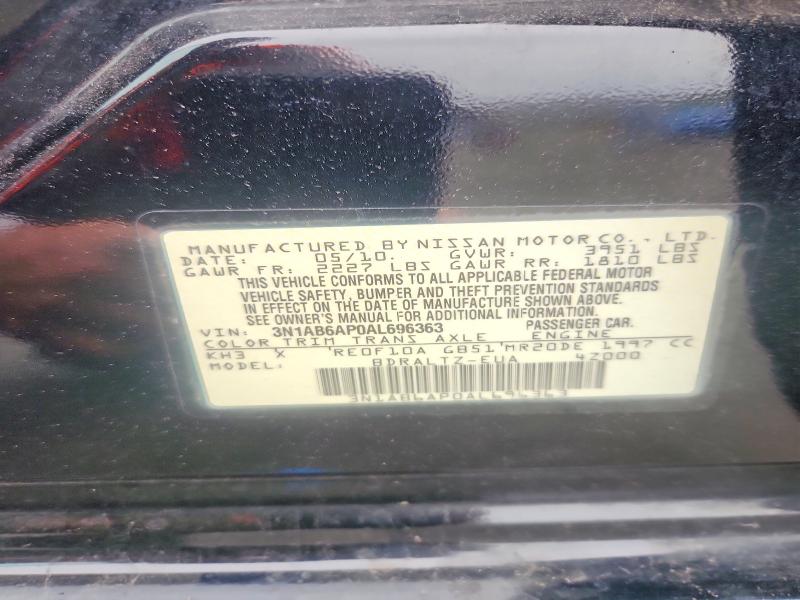 2010 Nissan Sentra მანქანა იყიდება აუქციონზე, vin: 3N1AB6AP0AL696363, აუქციონის ნომერი: 54115626