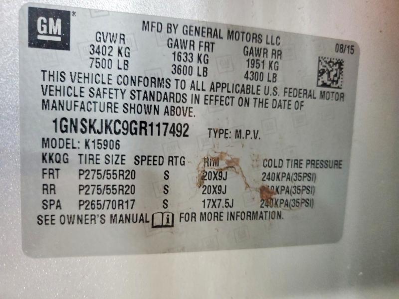 Aukcja sprzedaży 2016 Chevrolet Suburban, vin: 1GNSKJKC9GR117492, numer aukcji: 54921456