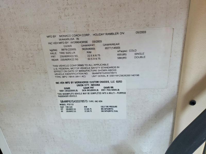 Продаж на аукціоні авто 2003 Wokhorse Recreational Vehicle (rv), vin: 5B4MP67G433370573, номер лоту: 54780316
