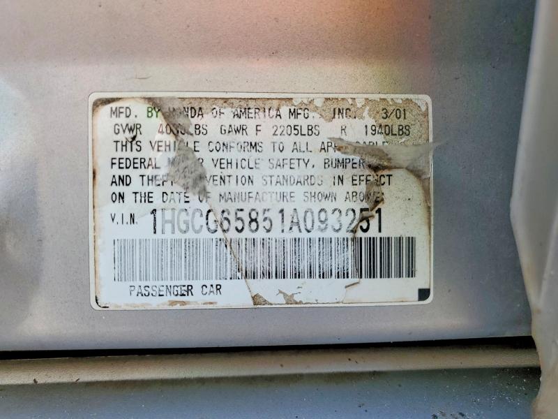 Продаж на аукціоні авто 2001 Honda Accord, vin: 1HGCG65851A093251, номер лоту: 55053306
