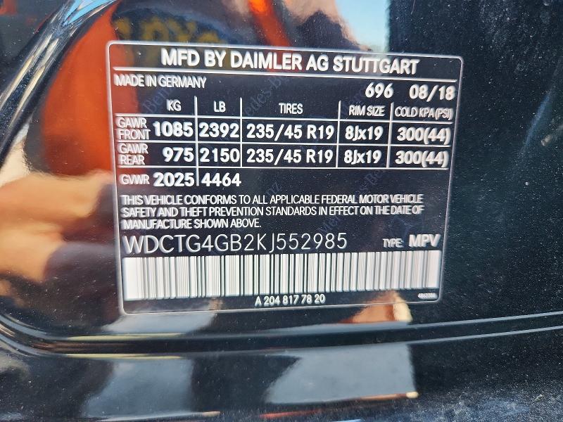 Продажа на аукционе авто 2019 Mercedes-benz Gla, vin: WDCTG4GB2KJ552985, номер лота: 52129026