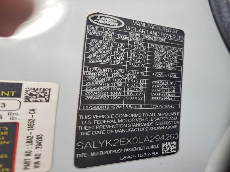 52307966 :رقم المزاد ، SALYK2EX0LA294263 vin ، 2020 Land Rover Range Rover Velar مزاد بيع