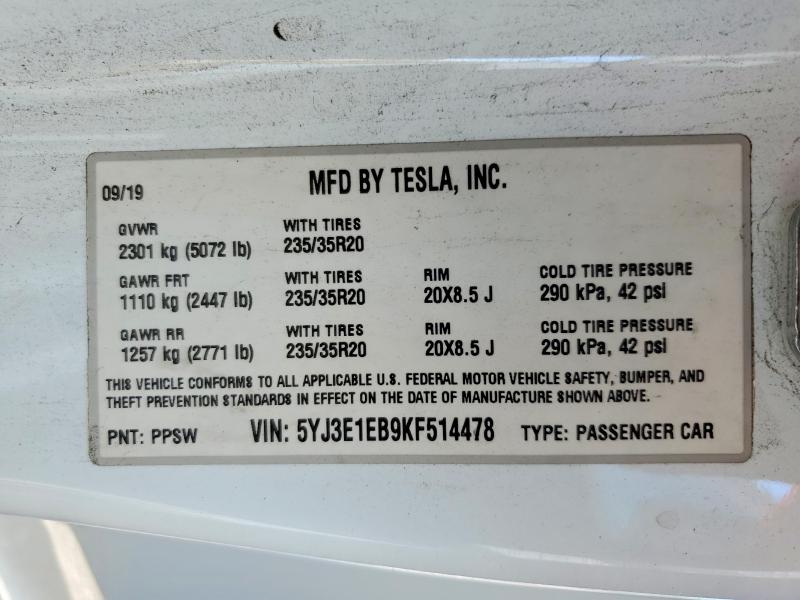 54177716 :رقم المزاد ، 5YJ3E1EB9KF514478 vin ، 2019 Tesla Model 3 مزاد بيع