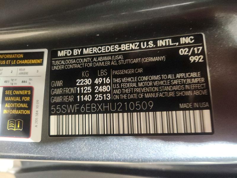 51954876 :رقم المزاد ، 55SWF6EBXHU210509 vin ، 2017 Mercedes-benz C مزاد بيع