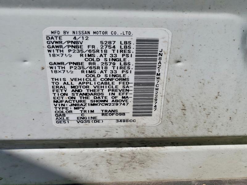 Продаж на аукціоні авто 2012 Nissan Murano, vin: JN8AZ1MW7CW229747, номер лоту: 52737446