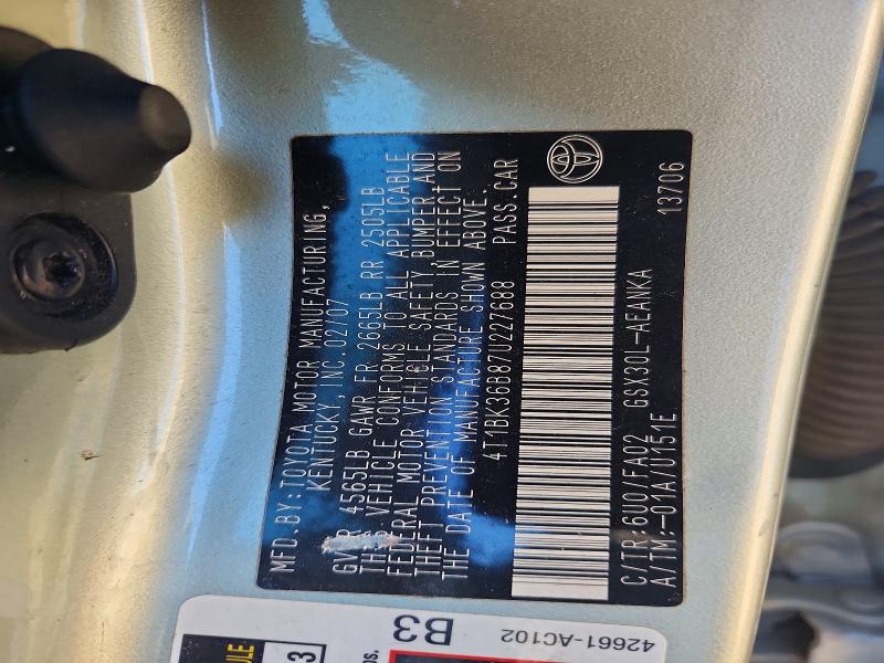 53302836 :رقم المزاد ، 4T1BK36B87U227688 vin ، 2007 Toyota Avalon مزاد بيع