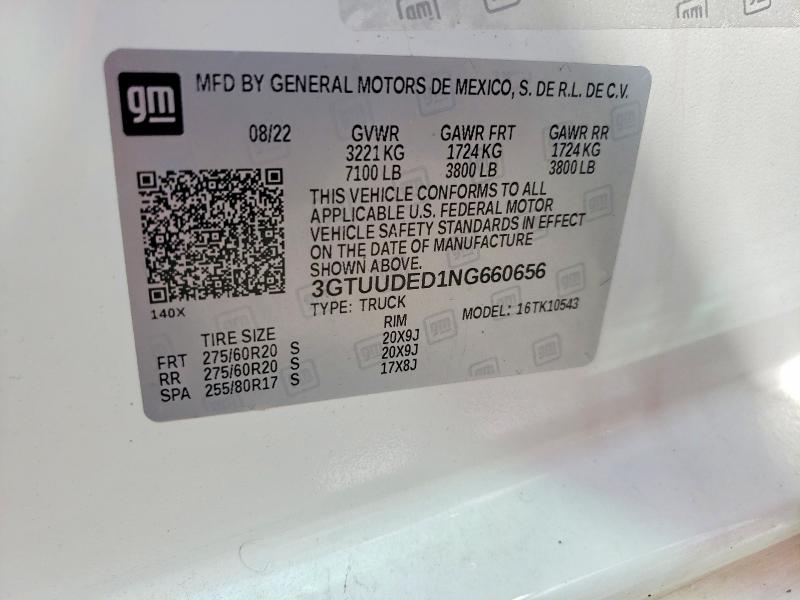 Aukcja sprzedaży 2022 Gmc Sierra, vin: 3GTUUDED1NG660656, numer aukcji: 54684626
