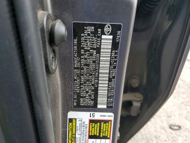 54752366 :رقم المزاد ، 4T1B11HK3JU015339 vin ، 2018 Toyota Camry مزاد بيع