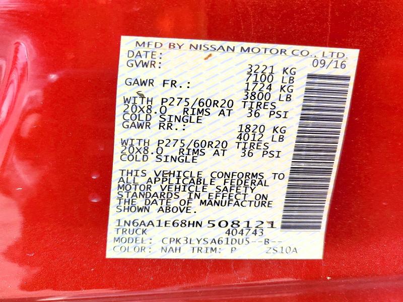 Aukcja sprzedaży 2017 Nissan Titan, vin: 1N6AA1E68HN508121, numer aukcji: 51824936