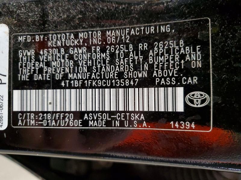 2012 Toyota Camry მანქანა იყიდება აუქციონზე, vin: 4T1BF1FK9CU135847, აუქციონის ნომერი: 54475406