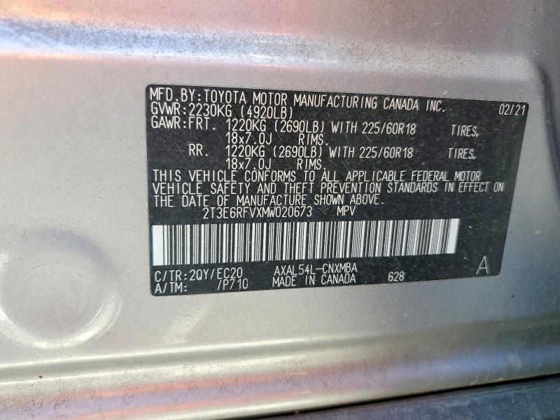 Aukcja sprzedaży 2021 Toyota Rav4, vin: 2T3E6RFVXMW020673, numer aukcji: 53430346