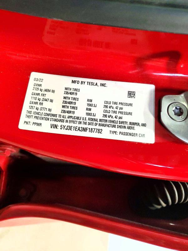 Auction sale of the 2022 Tesla Model 3, vin: 5YJ3E1EA3NF187782, lot number: 54198806