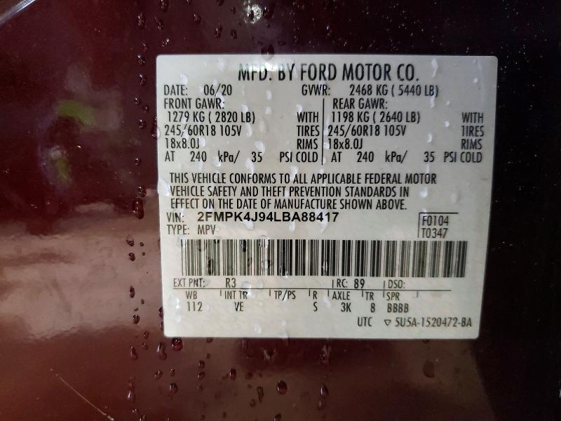 52234846 :رقم المزاد ، 2FMPK4J94LBA88417 vin ، 2020 Ford Edge مزاد بيع
