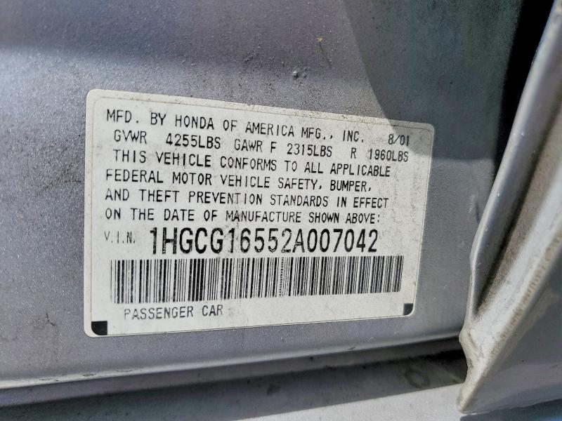 Aukcja sprzedaży 2002 Honda Accord, vin: 1HGCG16552A007042, numer aukcji: 55572446