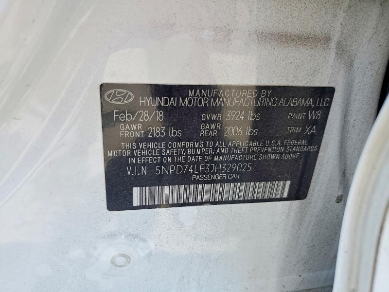 53659886 :رقم المزاد ، 5NPD74LF3JH329025 vin ، 2018 Hyundai Elantra مزاد بيع