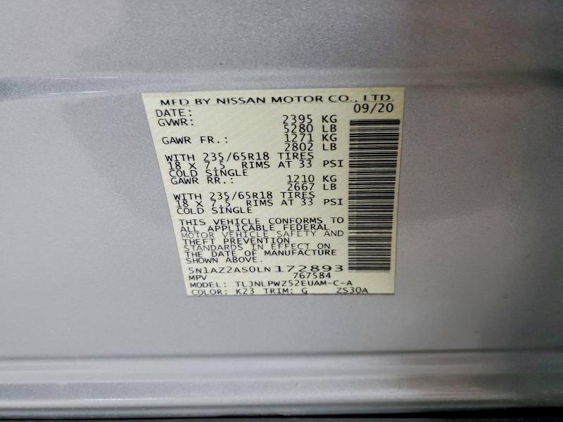 52953696 :رقم المزاد ، 5N1AZ2AS0LN172893 vin ، 2020 Nissan Murano مزاد بيع