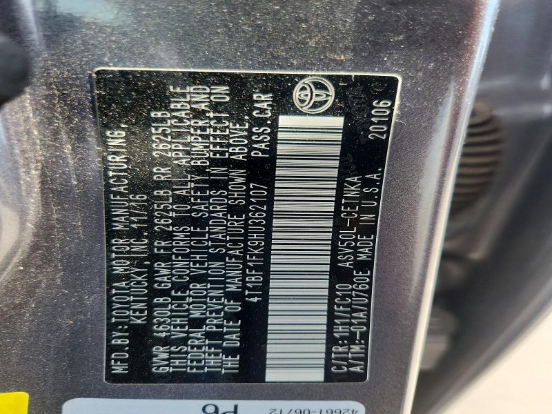 2017 Toyota Camry მანქანა იყიდება აუქციონზე, vin: 4T1BF1FK9HU362107, აუქციონის ნომერი: 55605646
