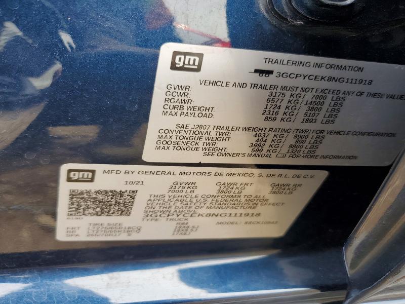 Продажа на аукционе авто 2022 Chevrolet Silverado Ltd, vin: 3GCPYCEK8NG111918, номер лота: 54788256