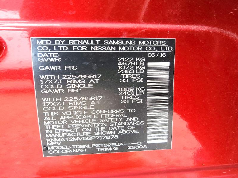 53600586 :رقم المزاد ، KNMAT2MV5GP717878 vin ، 2016 Nissan Rogue مزاد بيع