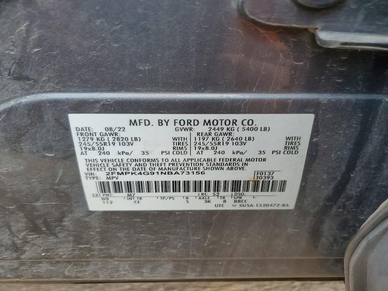 54635216 :رقم المزاد ، 2FMPK4G91NBA73156 vin ، 2022 Ford Edge مزاد بيع