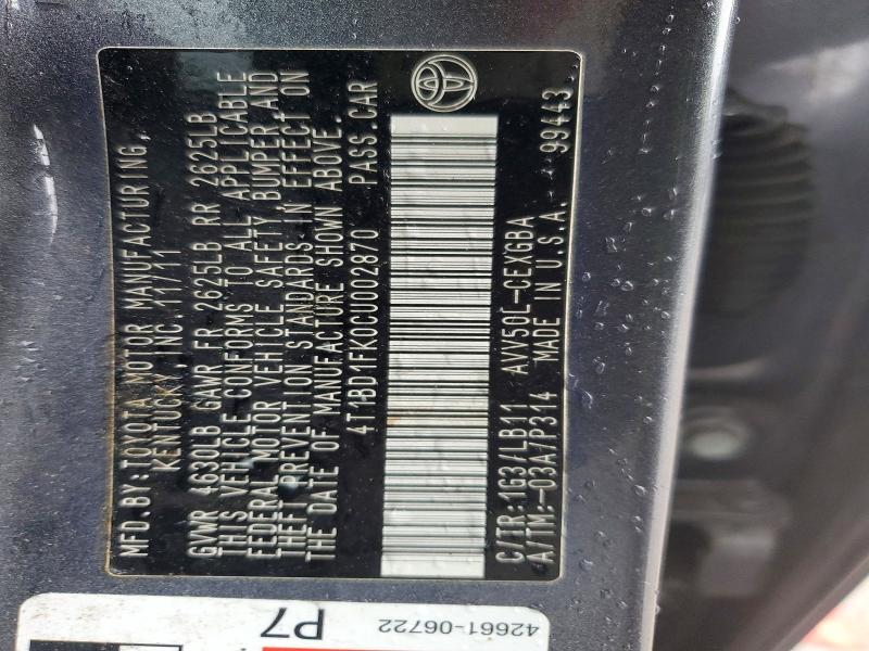 2012 Toyota Camry Hybrid მანქანა იყიდება აუქციონზე, vin: 4T1BD1FK0CU002870, აუქციონის ნომერი: 53690236