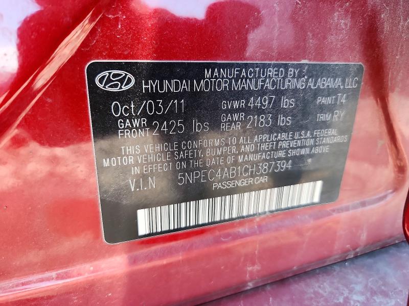 52707716 :رقم المزاد ، 5NPEC4AB1CH387394 vin ، 2012 Hyundai Sonata مزاد بيع