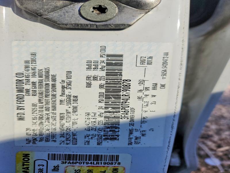 2020 Ford Fusion მანქანა იყიდება აუქციონზე, vin: 3FA6P0T94LR190878, აუქციონის ნომერი: 53119556
