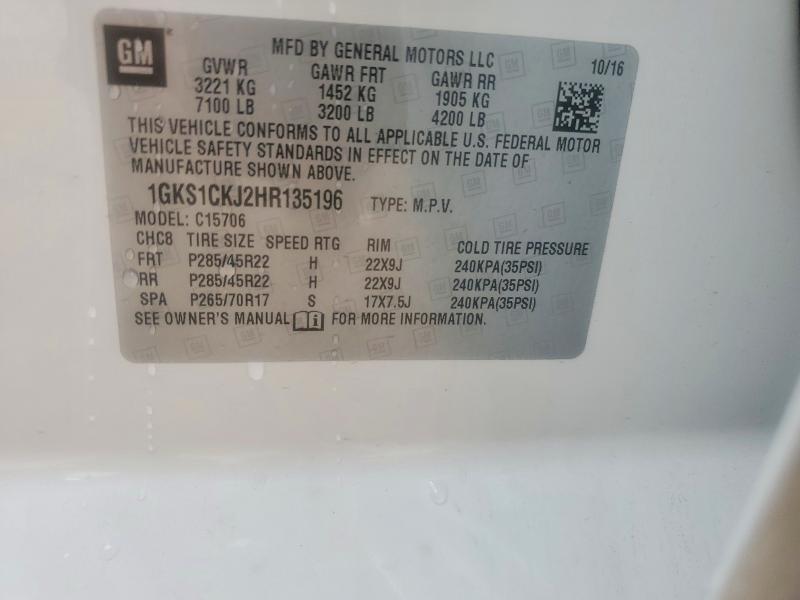 51876026 :رقم المزاد ، 1GKS1CKJ2HR135196 vin ، 2017 Gmc Yukon مزاد بيع