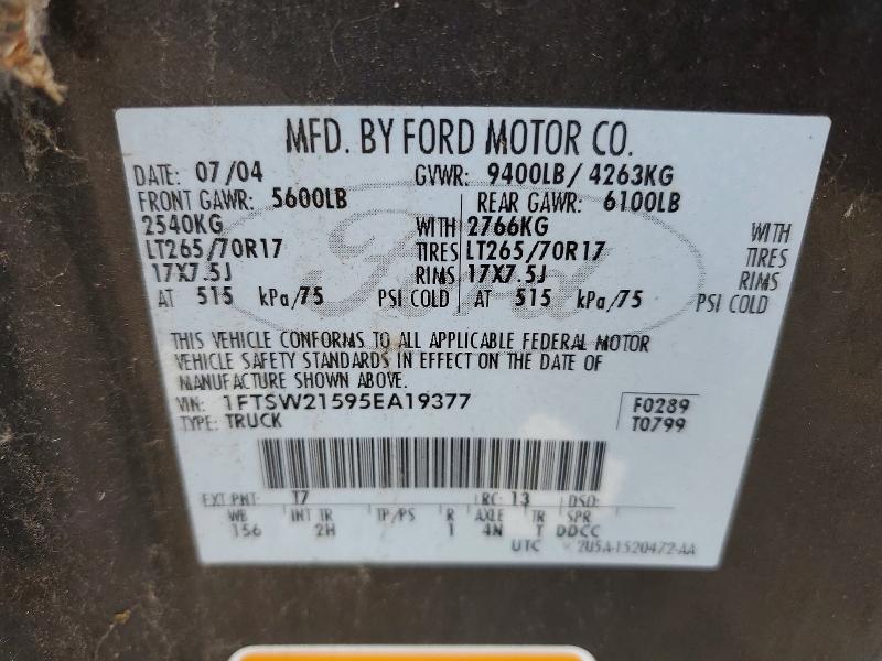 Aukcja sprzedaży 2005 Ford F250, vin: 1FTSW21595EA19377, numer aukcji: 52208386