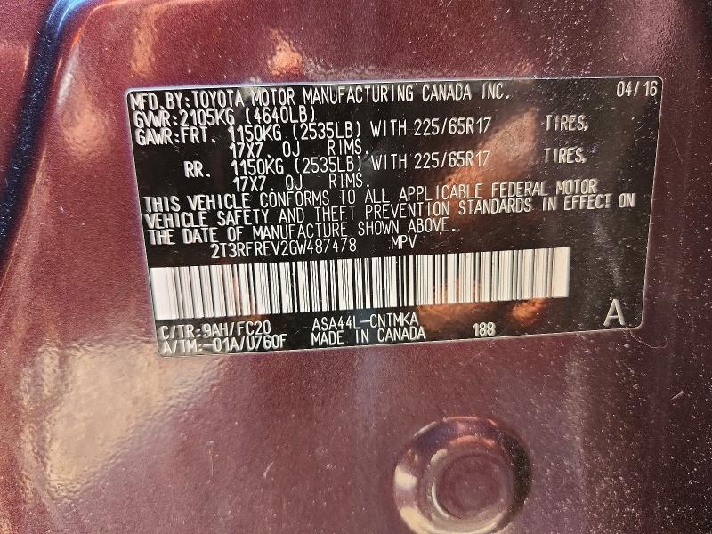 2016 Toyota Rav4 მანქანა იყიდება აუქციონზე, vin: 2T3RFREV2GW487478, აუქციონის ნომერი: 52046176