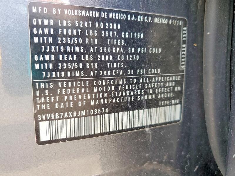 54770616 :رقم المزاد ، 3VV5B7AX8JM103574 vin ، 2018 Volkswagen Tiguan مزاد بيع
