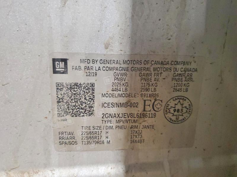52187846 :رقم المزاد ، 2GNAXJEV8L6196119 vin ، 2020 Chevrolet Equinox مزاد بيع