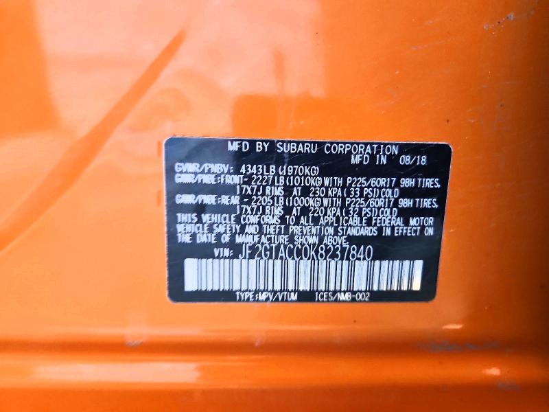 2019 Subaru Crosstrek მანქანა იყიდება აუქციონზე, vin: JF2GTACC0K8237840, აუქციონის ნომერი: 52912786