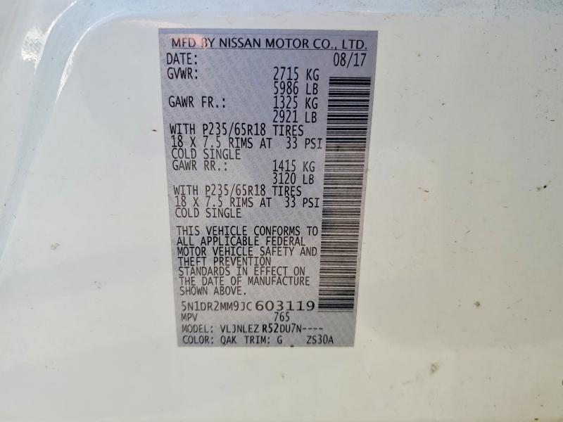Продаж на аукціоні авто 2018 Nissan Pathfinder, vin: 5N1DR2MM9JC603119, номер лоту: 52230246