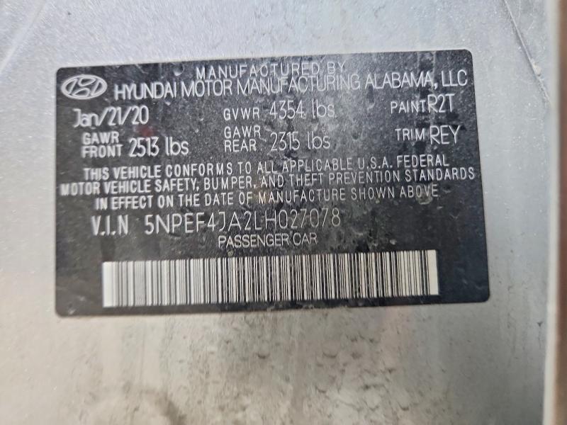 2020 Hyundai Sonata მანქანა იყიდება აუქციონზე, vin: 5NPEF4JA2LH027078, აუქციონის ნომერი: 55021286