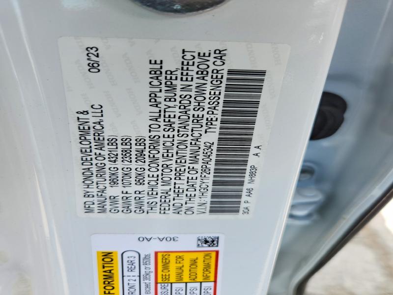 2023 Honda Accord მანქანა იყიდება აუქციონზე, vin: 1HGCY1F26PA045342, აუქციონის ნომერი: 54015296