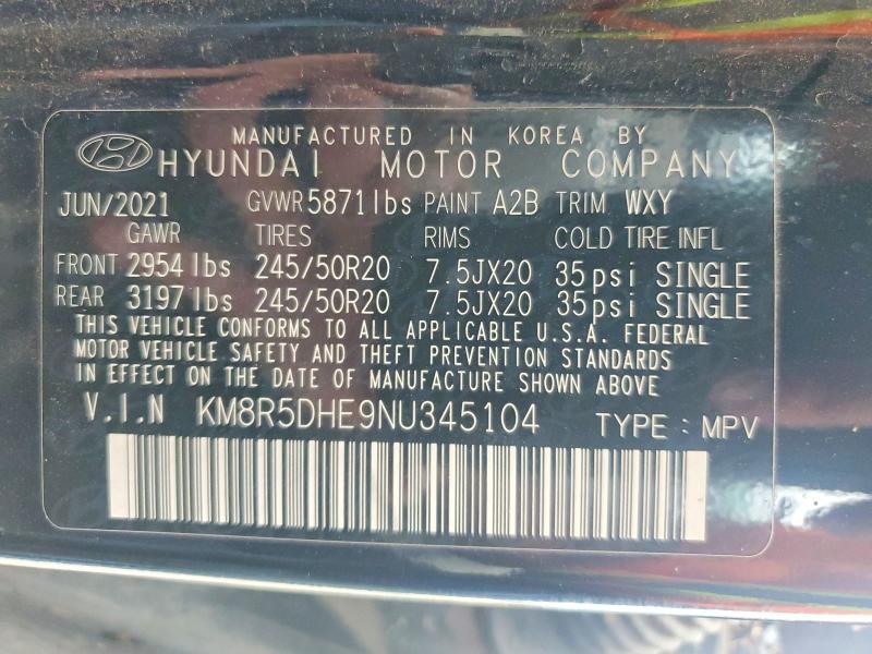 54355656 :رقم المزاد ، KM8R5DHE9NU345104 vin ، 2022 Hyundai Palisade مزاد بيع