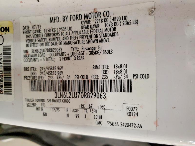 55235846 :رقم المزاد ، 3LN6L2LU7DR829063 vin ، 2013 Lincoln Mkz مزاد بيع