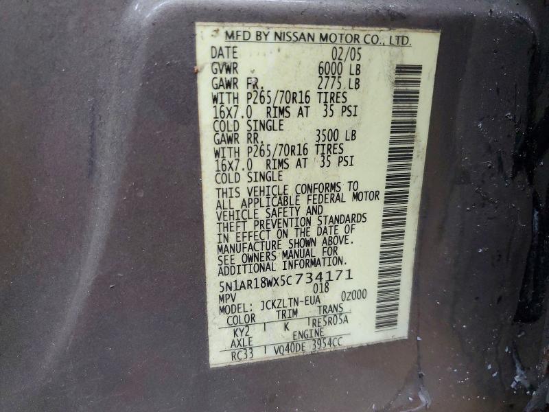 53963976 :رقم المزاد ، 5N1AR18WX5C734171 vin ، 2005 Nissan Pathfinder مزاد بيع