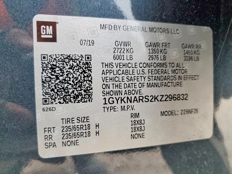 52410806 :رقم المزاد ، 1GYKNARS2KZ296832 vin ، 2019 Cadillac Xt5 مزاد بيع